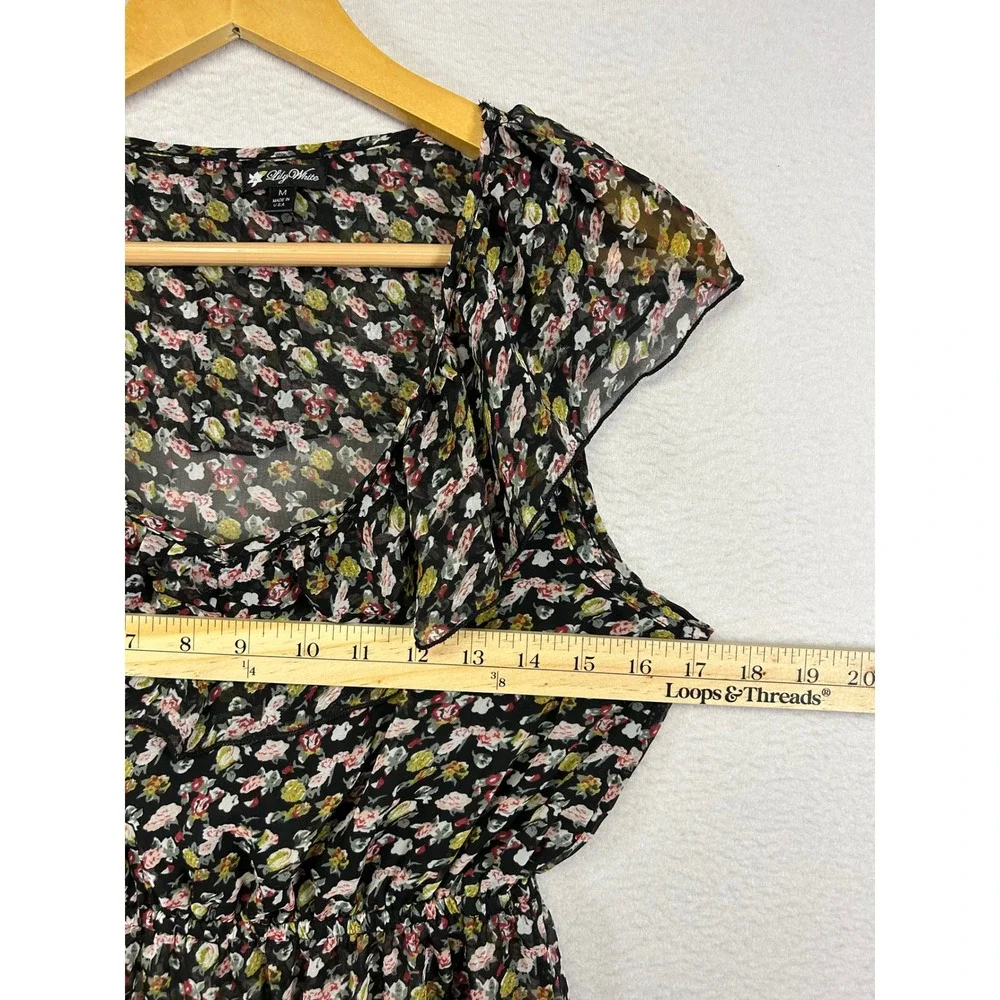 Cottagecore Lily White Womens Medium Black Floral Ruffle Chiffon‎ Mini Dress